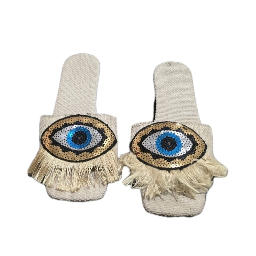 Fringed Evil Eye Slippers - Cream and Blue